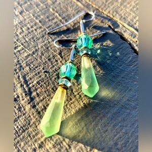 Vintage ‘80’s green frosted and cut glass earringss on sterling silver wire.